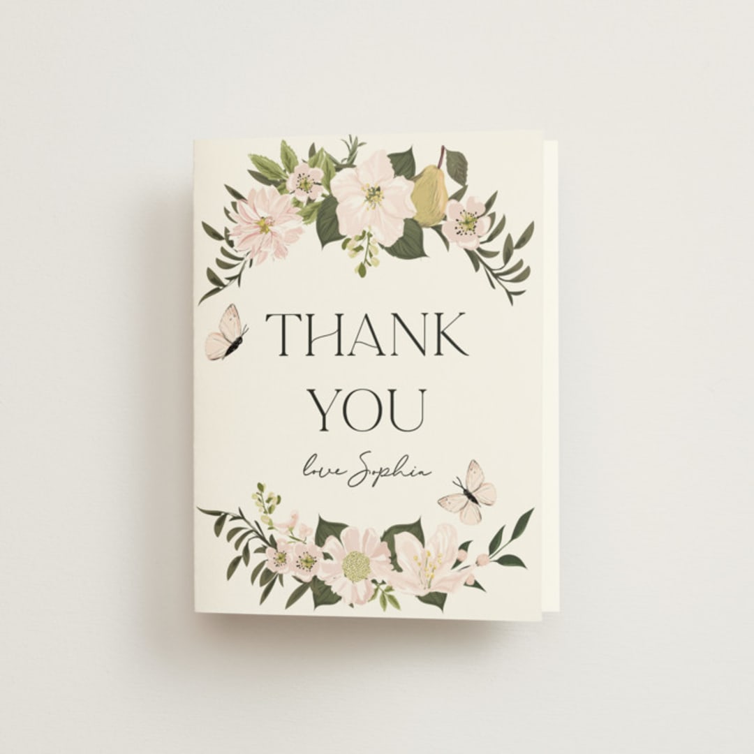 "Blossoms & Butterflies" - Bridal Shower Thank You Cards in Blush by Susan Moyal - Front