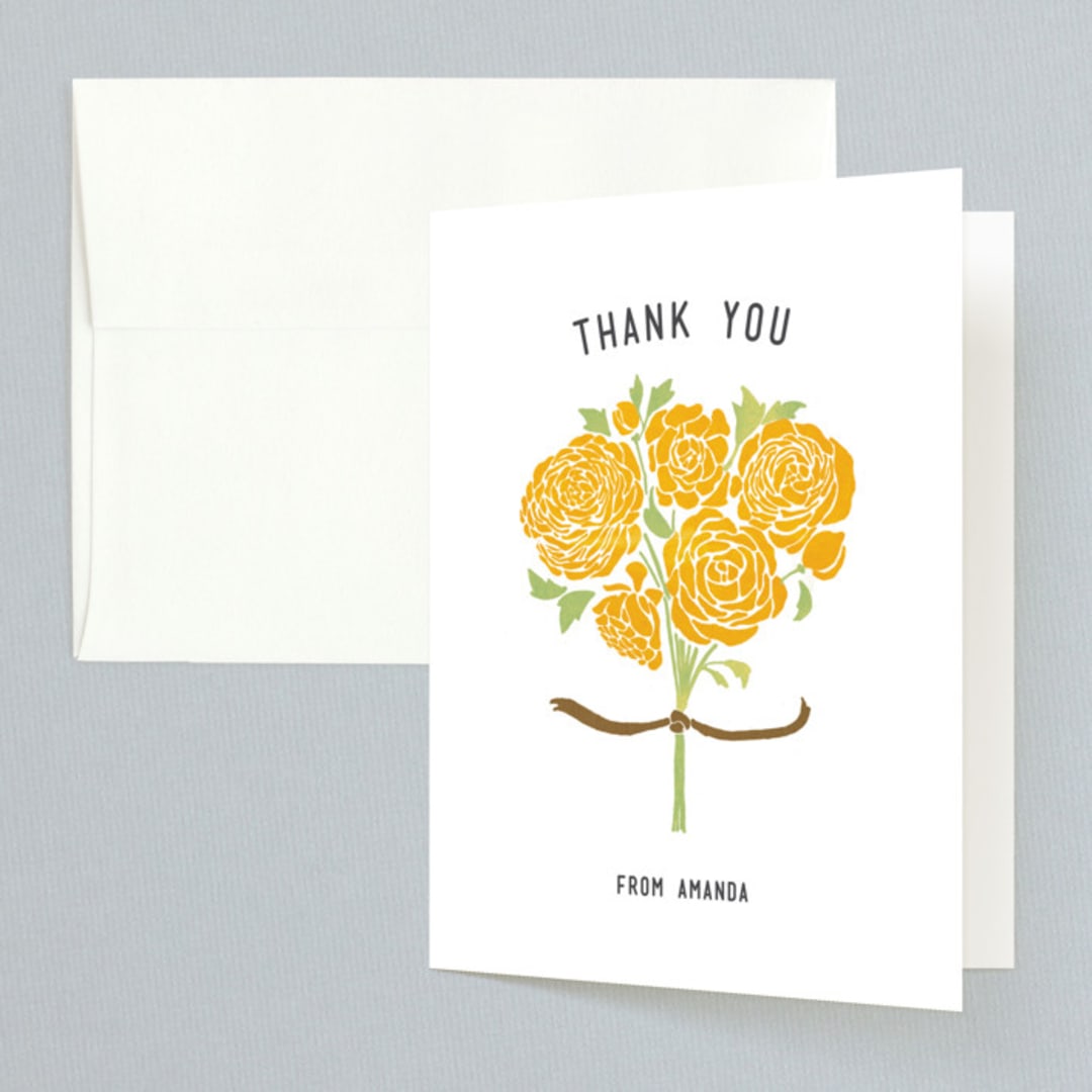 "Raining Peonies" - Bridal Shower Thank You Cards in yellow by Betty Hatchett - Front