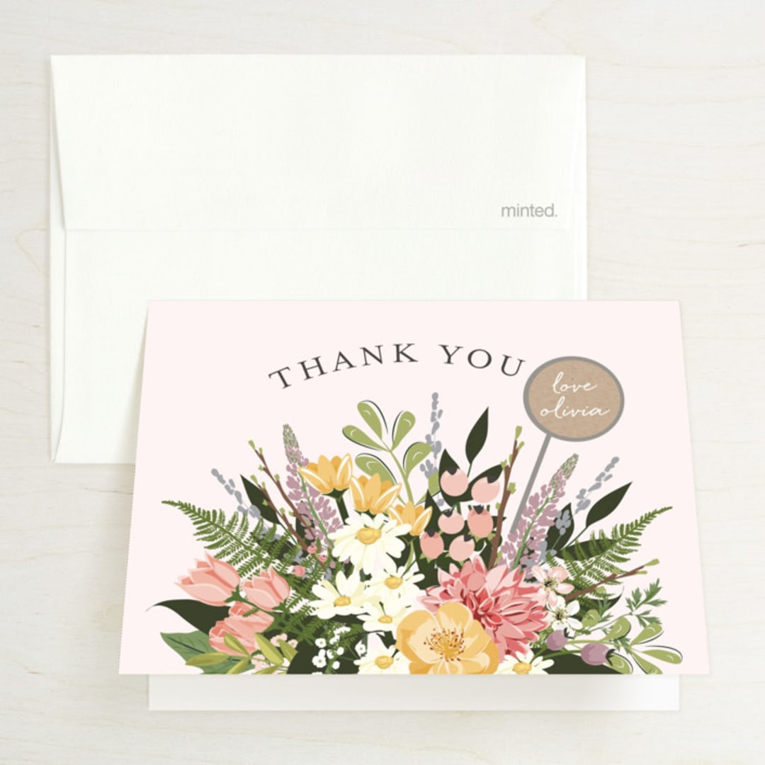 "Flowers & Greens" - Bridal Shower Thank You Cards in Blush by Susan Moyal - Front