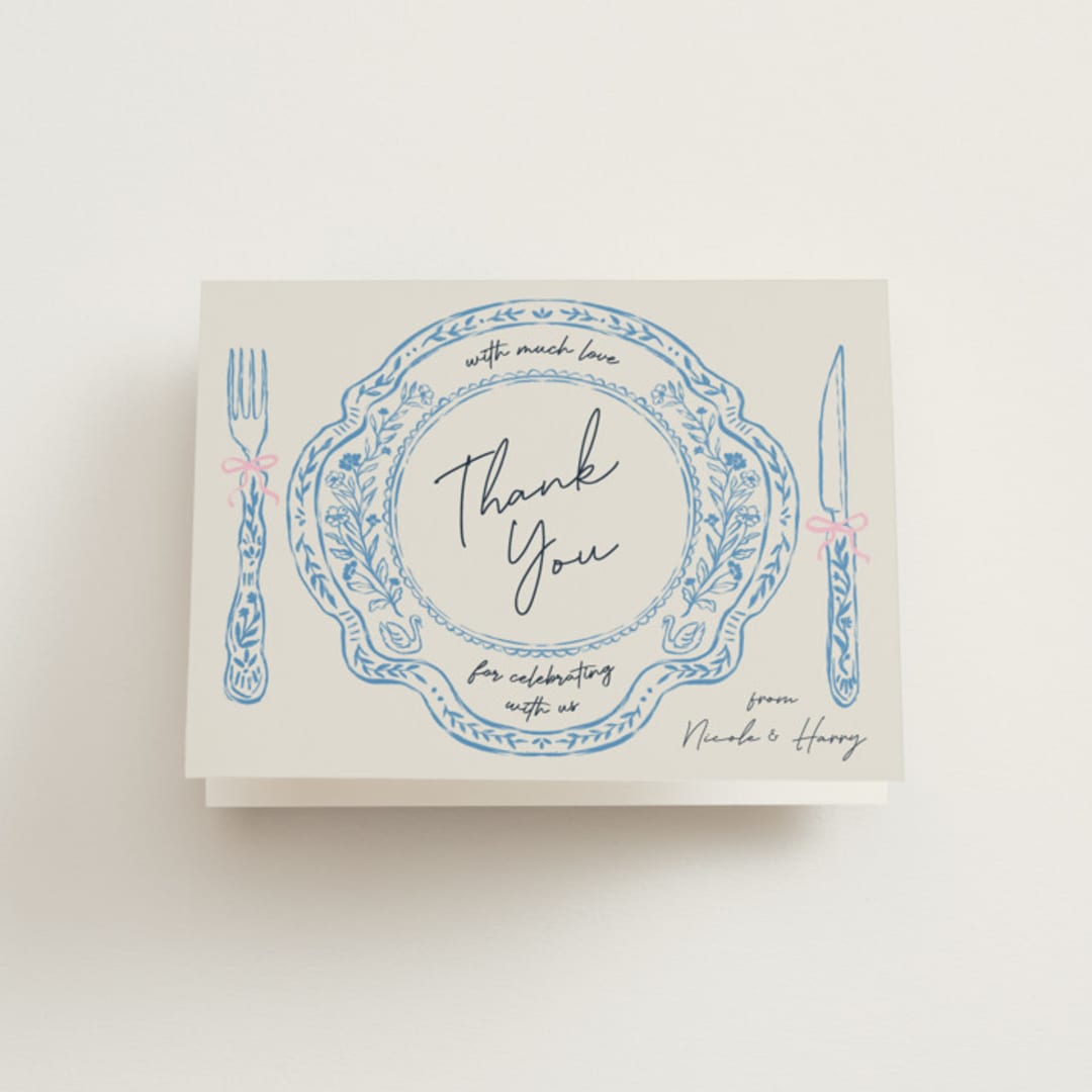 "Wine & Dine" - Bridal Shower Thank You Cards in Porcelain by Elly - Front