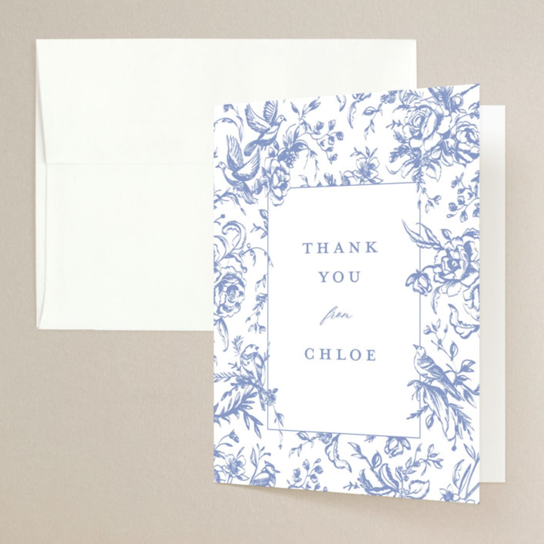 "Dreamy Toile" - Bridal Shower Thank You Cards in Blueberry by Teju Reval - Front