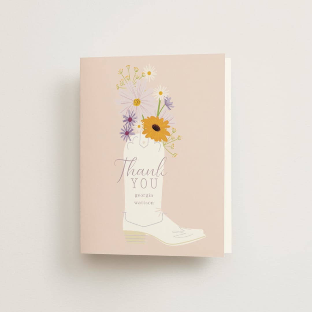 "Bridal Boots" - Bridal Shower Thank You Cards in Peony by Baumbirdy - Front