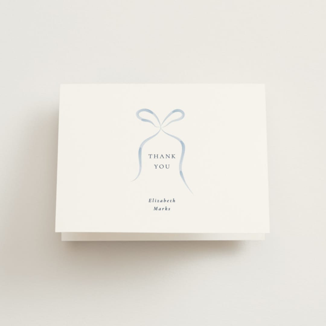"Bow" - Bridal Shower Thank You Cards in Dusty Blue by Corinne Malesic - Front
