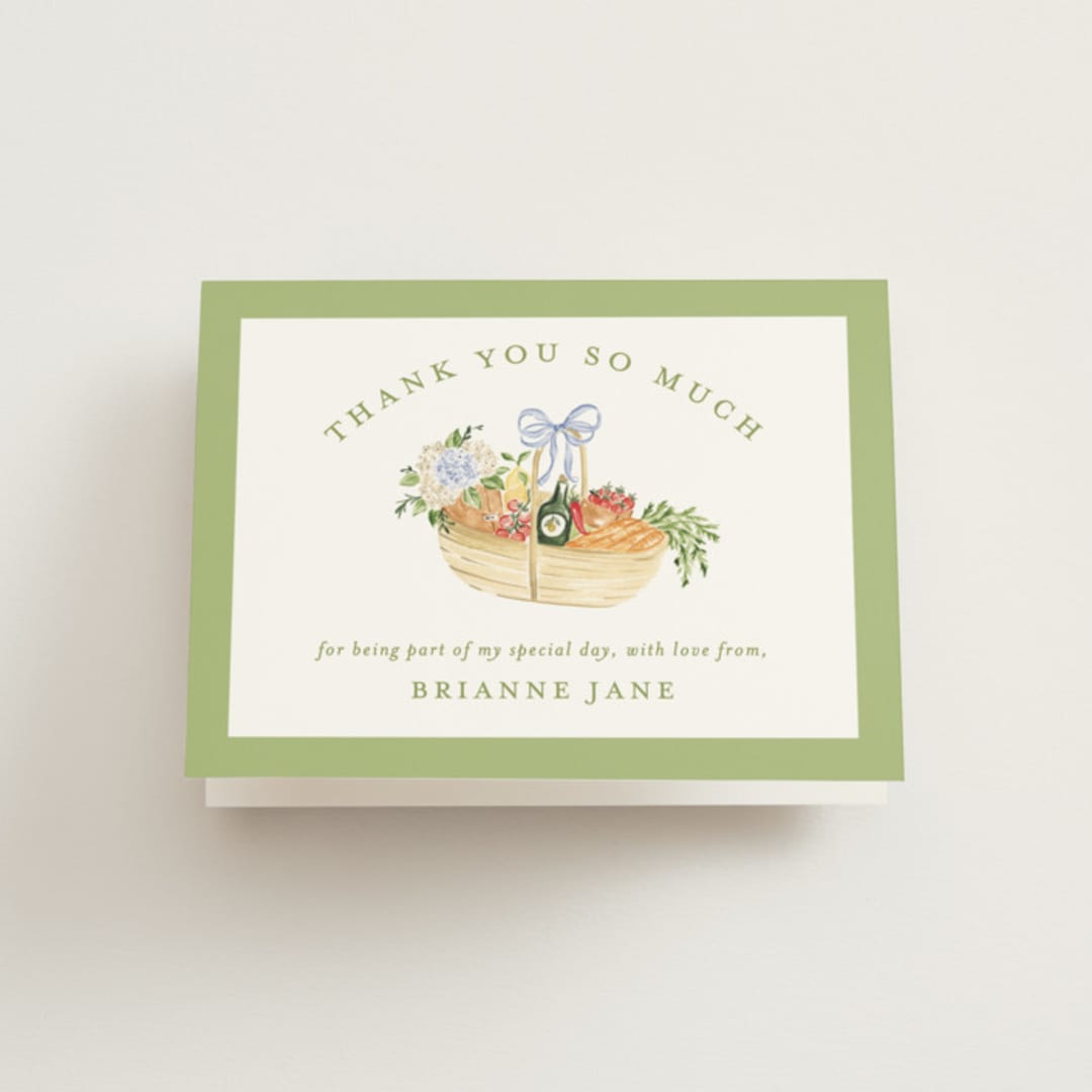 "Market" - Bridal Shower Thank You Cards in Sage Leaf by Sarah Knight - Front