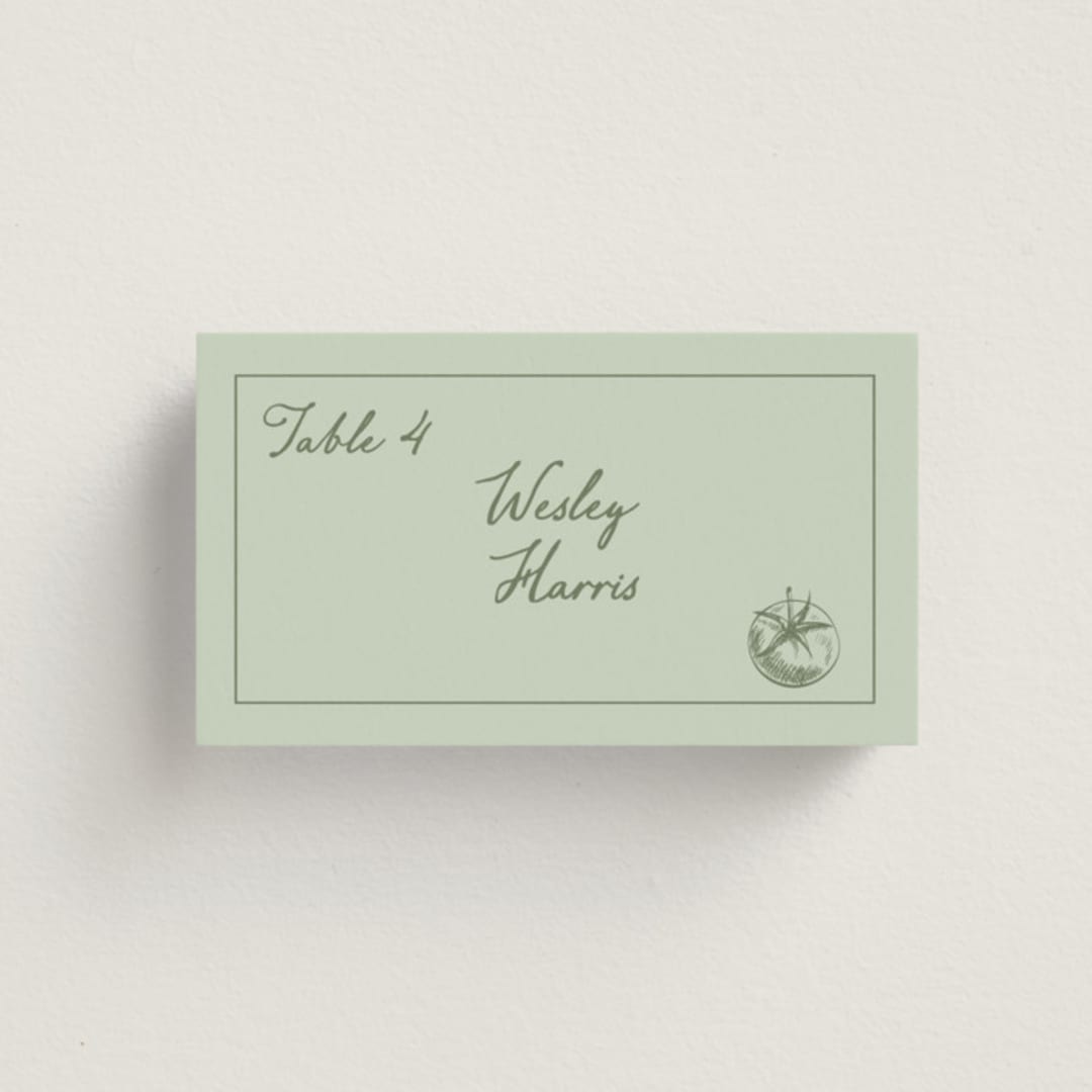 "Olive" - Place Cards - Vegetarian in Mint by Sherley Ferreira - Front with Free Guest Printing