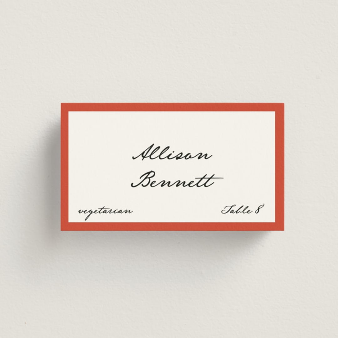"Juniper" - Place Cards - Vegetarian in Strawberry by Kelly Watkins - Front