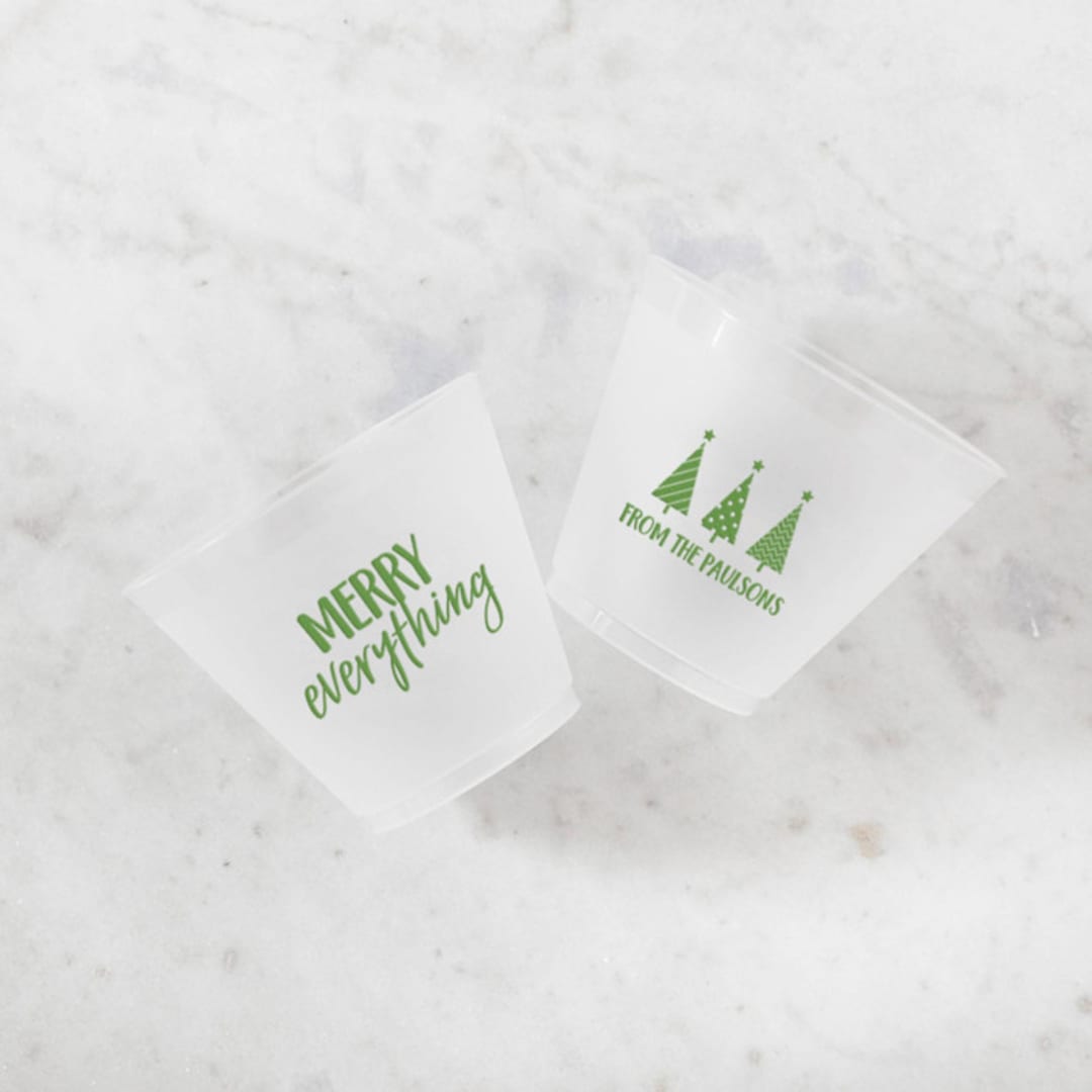 "Custom Merry Everything Frosted Plastic Cup, set of 50" - Party Cups in green by ForYourParty