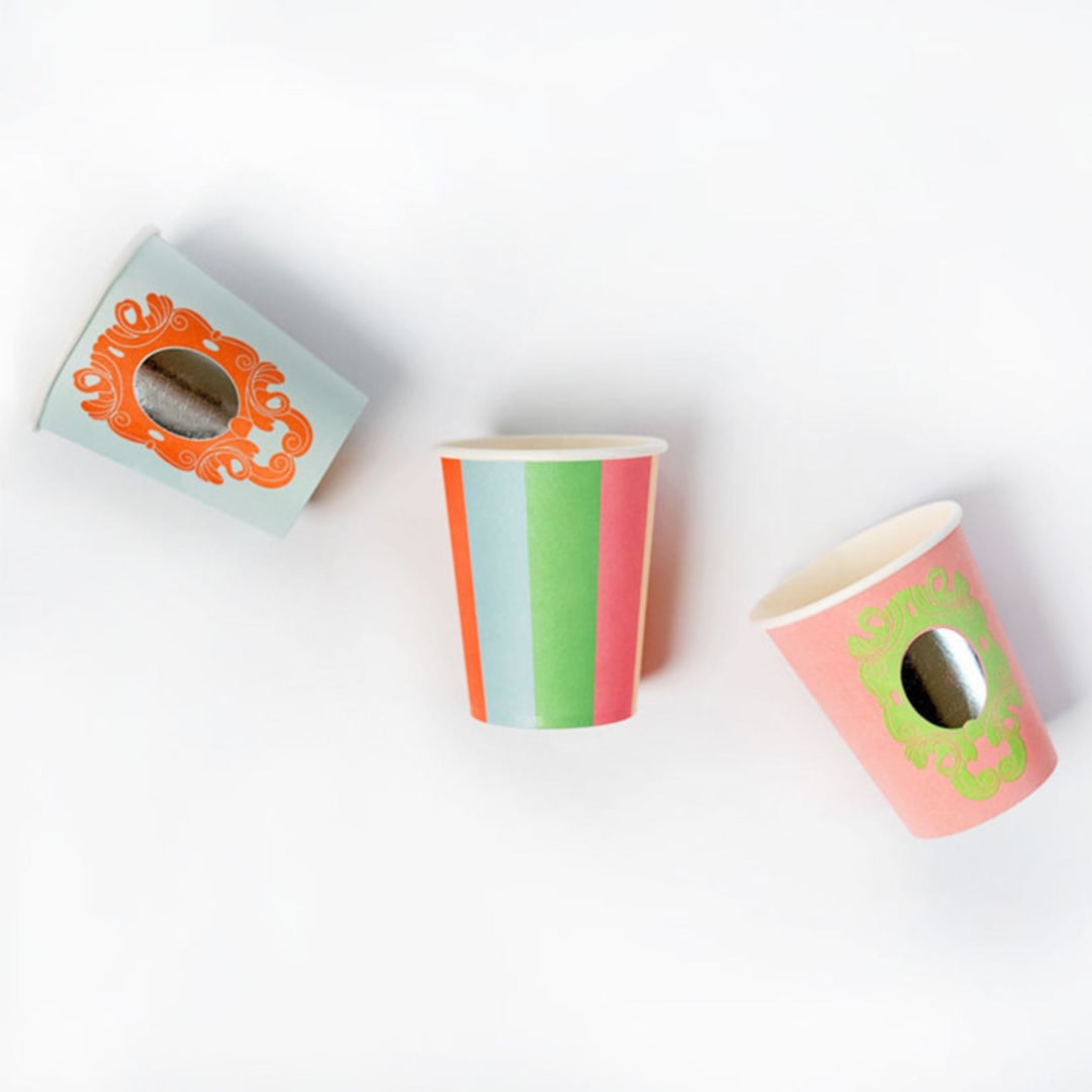 "Princess Party Cups - Stripes and Mirrors (x12)" - Party Cups in multicolor by POP Party Supplies