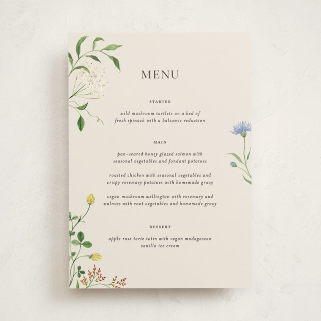 "Wild meadow" - Party Menus in Elder Flower by Sarah Knight - Front