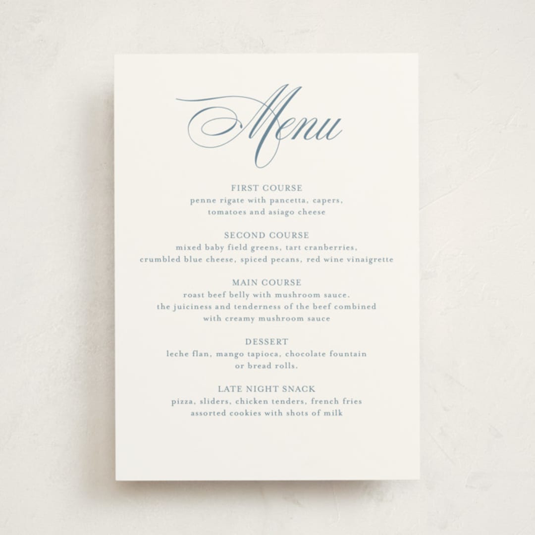"Empire" - Party Menus in Dusty Blue by Jennifer Postorino - Front