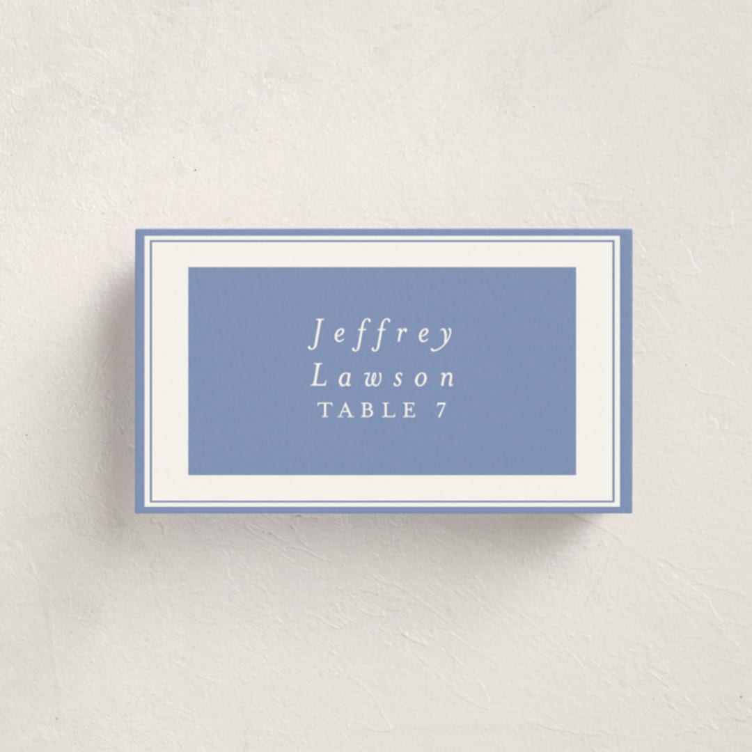 "Little Trees" - Party Place Cards in Provincial Blue by Corinne Malesic - Front with Free Guest Printing
