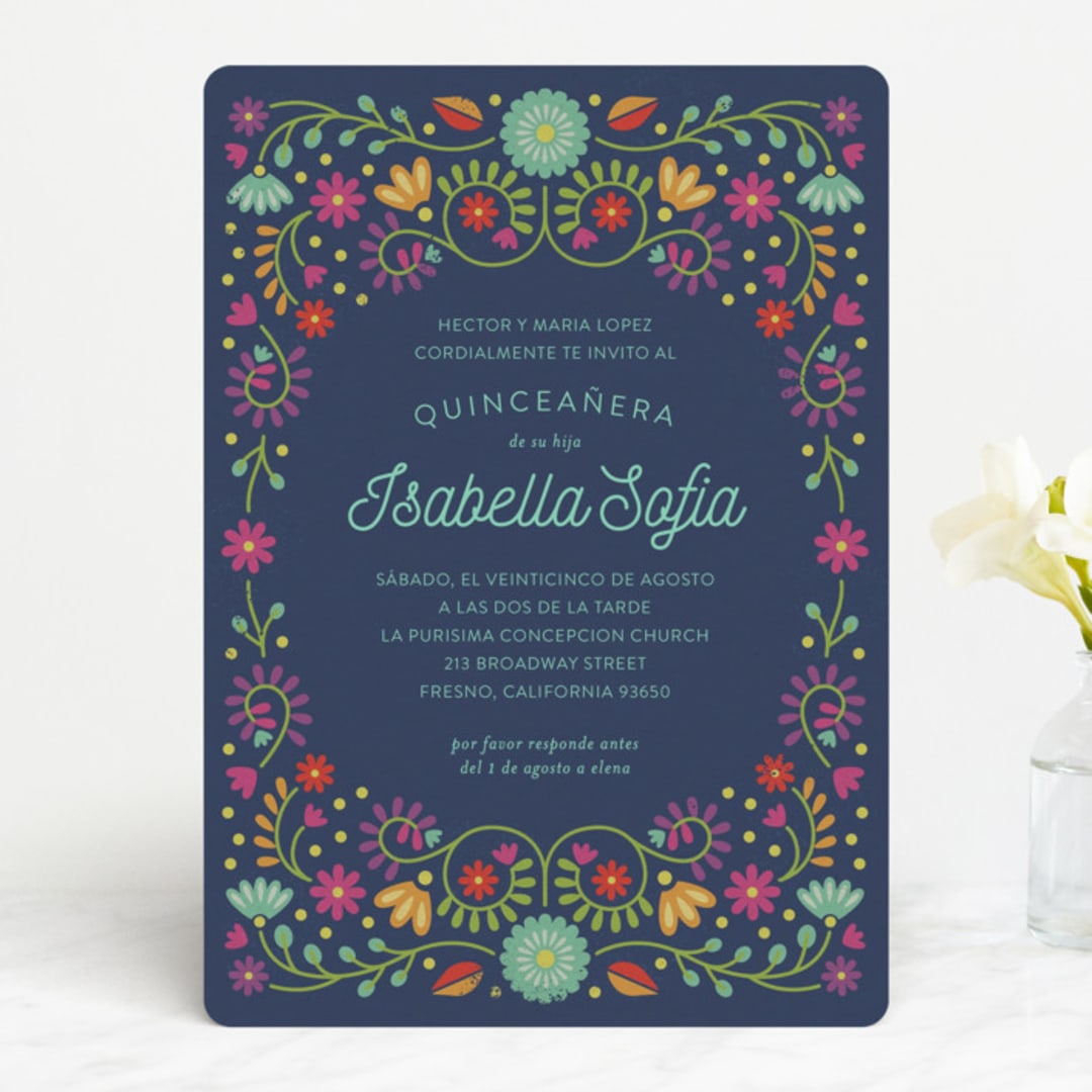 "Fiesta Floral" - Quinceanera Invitations in Navy by Laura Hankins - Front