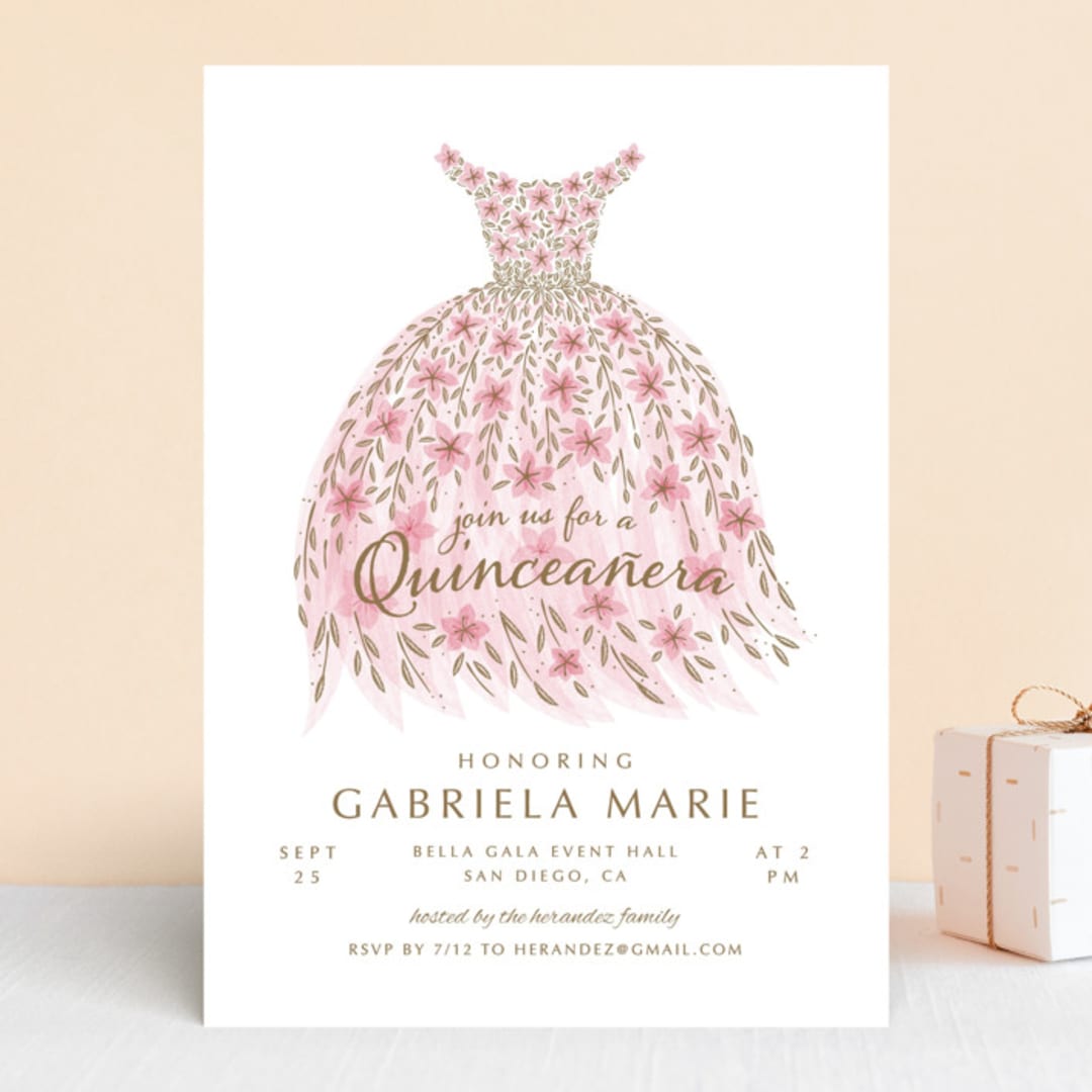 "Quinceañera Party Dress" - Quinceanera Invitations in Rosado by Paper Sun Studio - Front