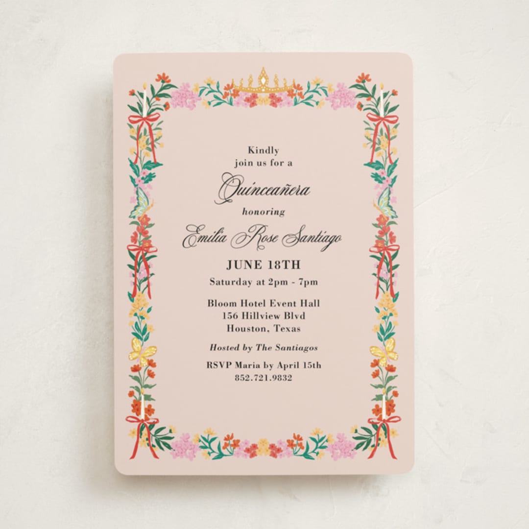"Blooming Tiara" - Quinceanera Invitations in Peony by Elly - Front