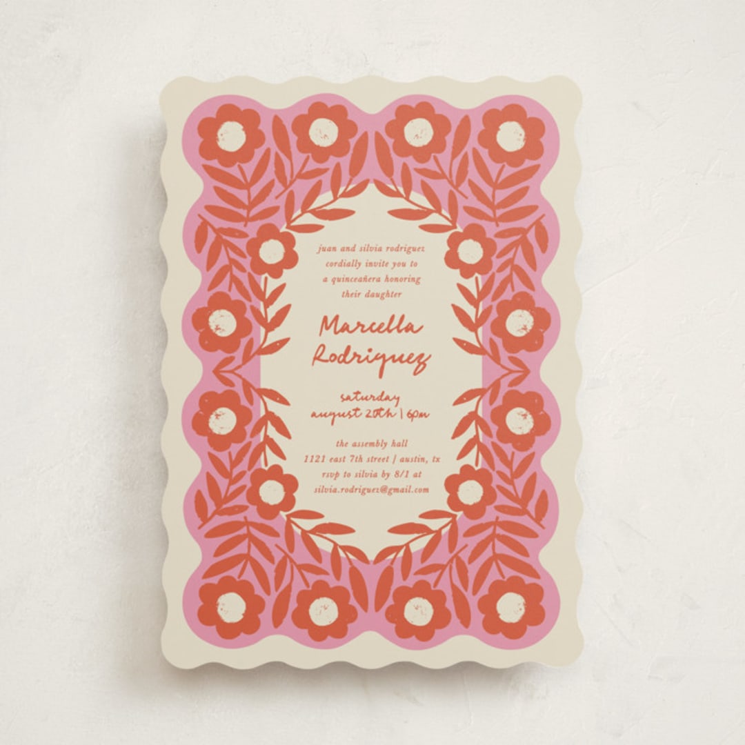 "Stamped Floral" - Quinceanera Invitations in Strawberry by Kelly Watkins - Front