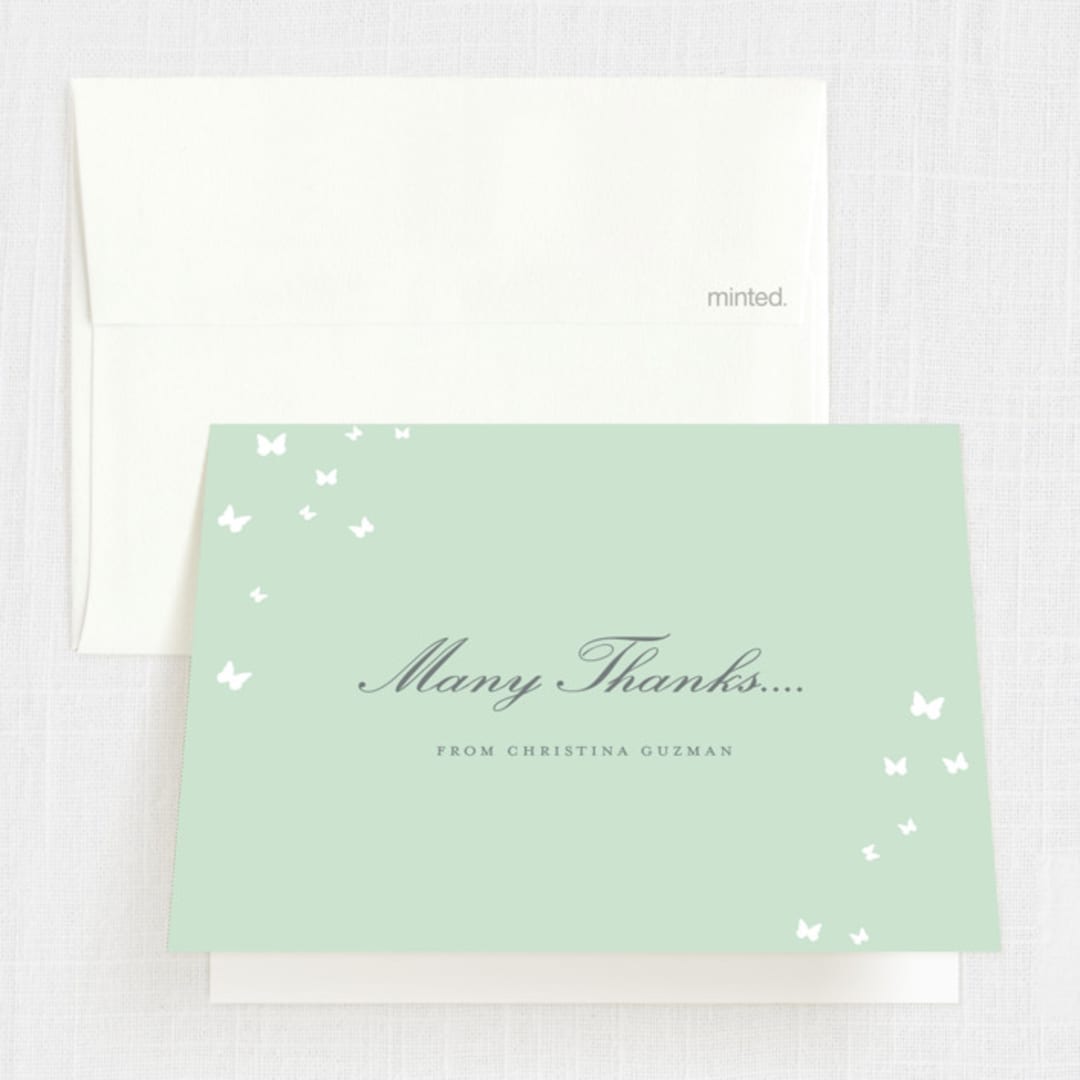 "Fluttering Dress" - Quinceañera Thank You Cards in Mint by Sheila Sunaryo - Front