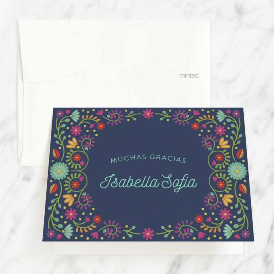 "Fiesta Floral" - Quinceañera Thank You Cards in Navy by Laura Hankins - Front