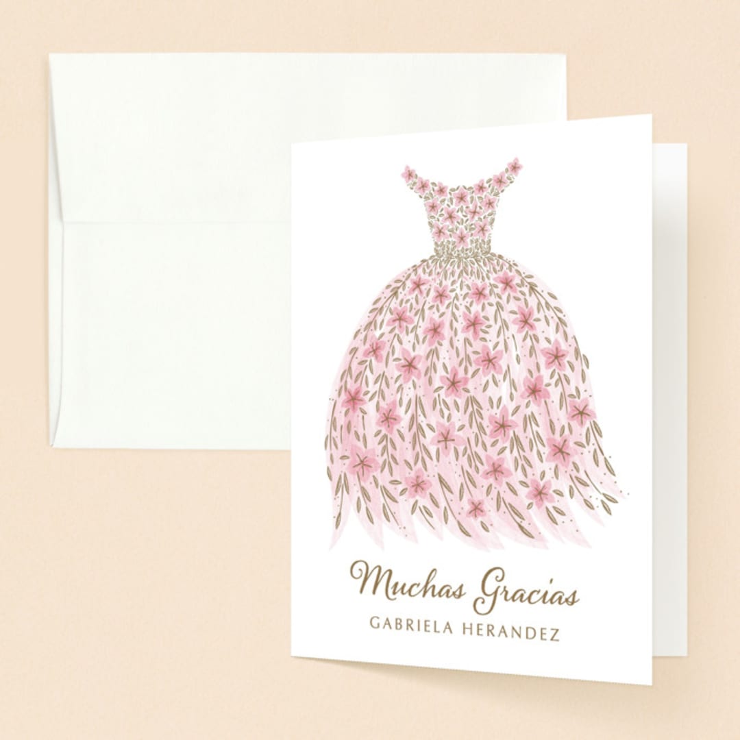 "Quinceañera Party Dress" - Quinceañera Thank You Cards in Rosado by Paper Sun Studio - Front