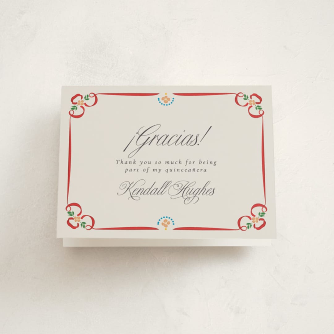 "Folklore Bloom" - Quinceañera Thank You Cards in Cherry by Ana de Sousa - Front