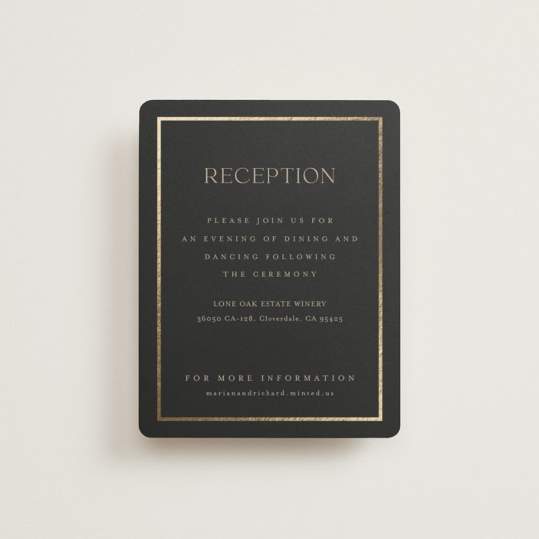 "Timeless Charm" - Reception Cards in Charcoal by Lucrecia Caporale - Front