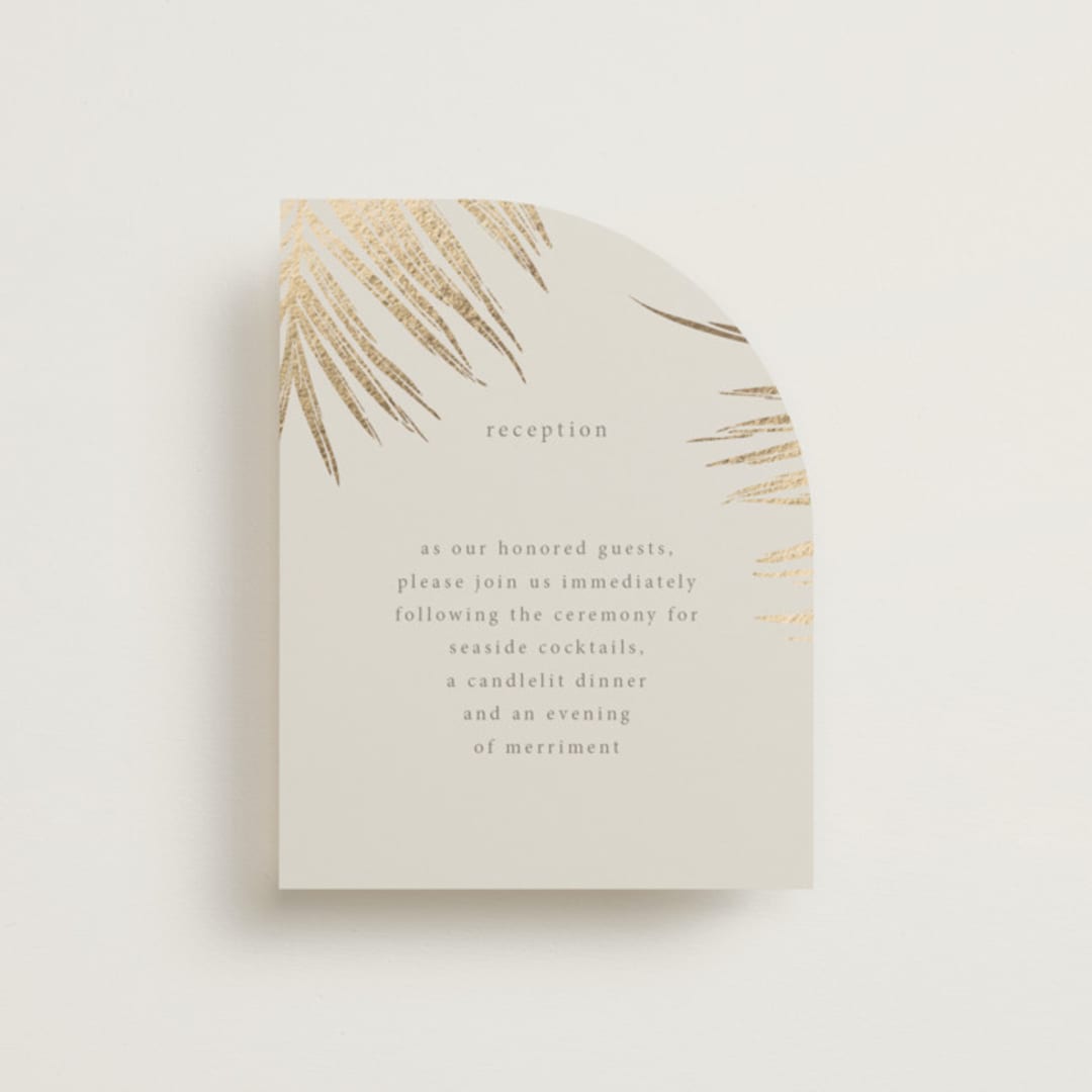 "Gilded Palm" - Reception Cards in Sand by Melinda Denison - Front
