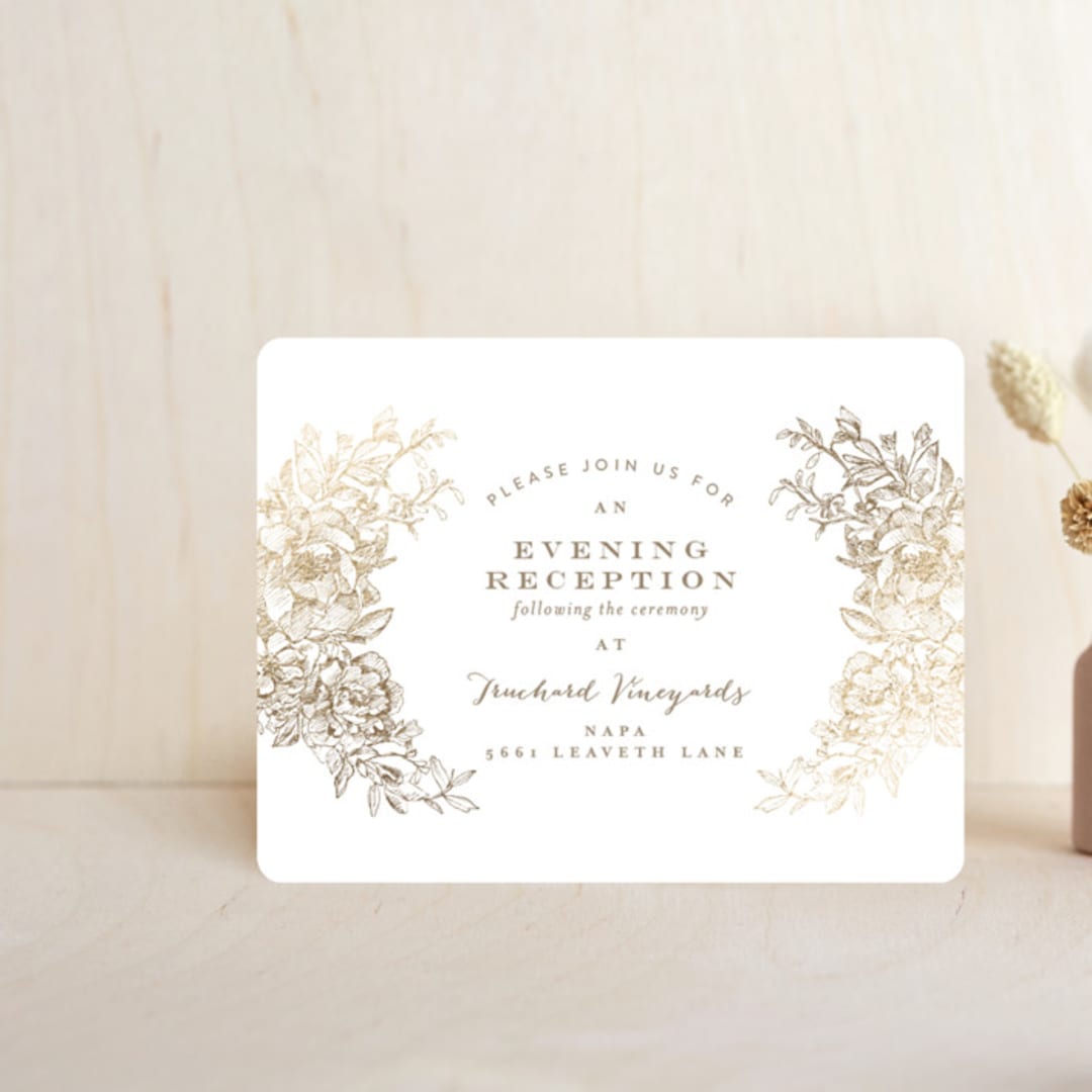 "Engraved Flowers" - Reception Cards in Gold by Phrosné Barwood - Front