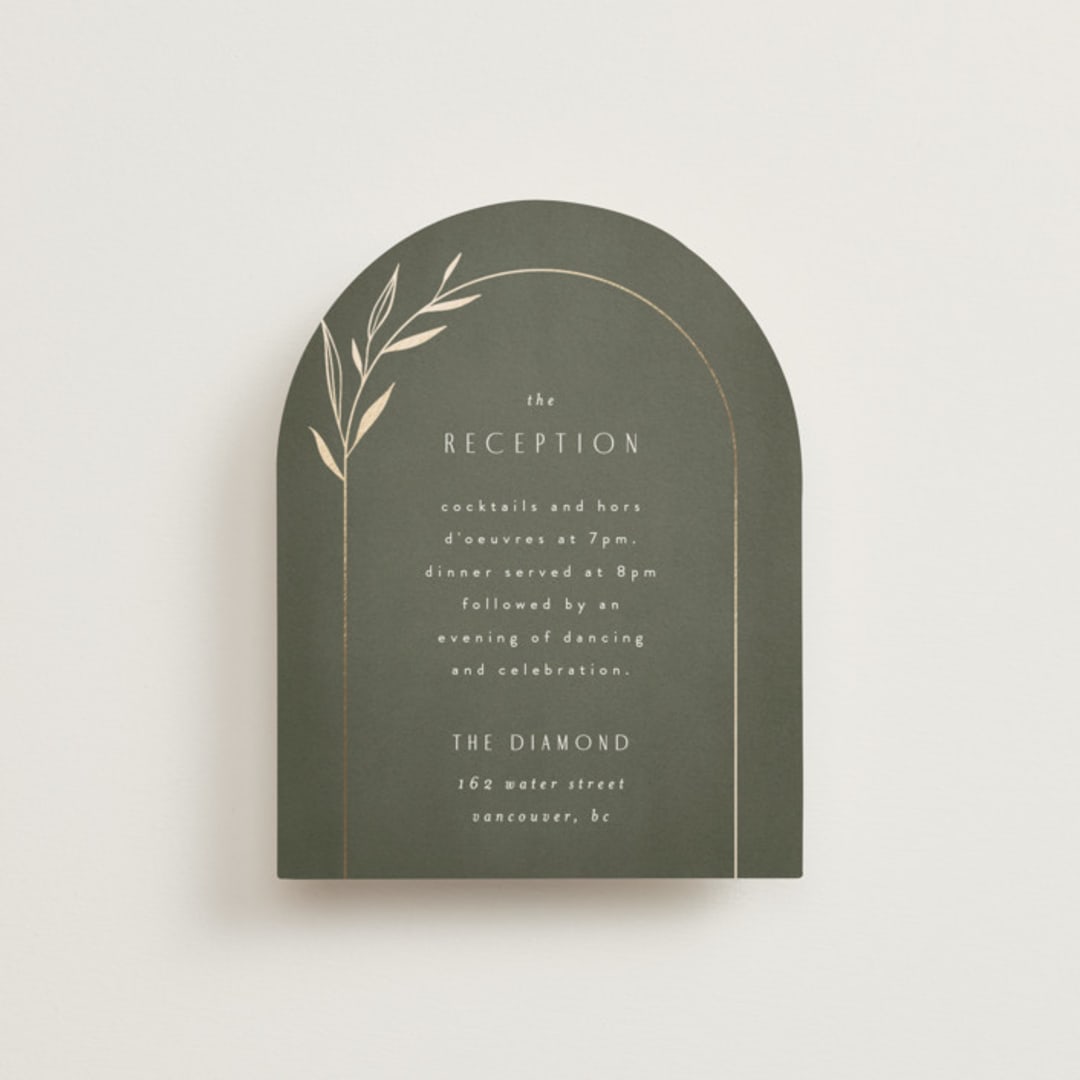 "Botanical Arches" - Reception Cards in Moss by Kelly Schmidt - Front