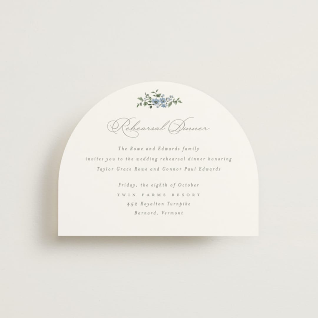 "Foliage Crest" - Rehearsal Dinner Cards in Sky by Everett Paper Goods - Front