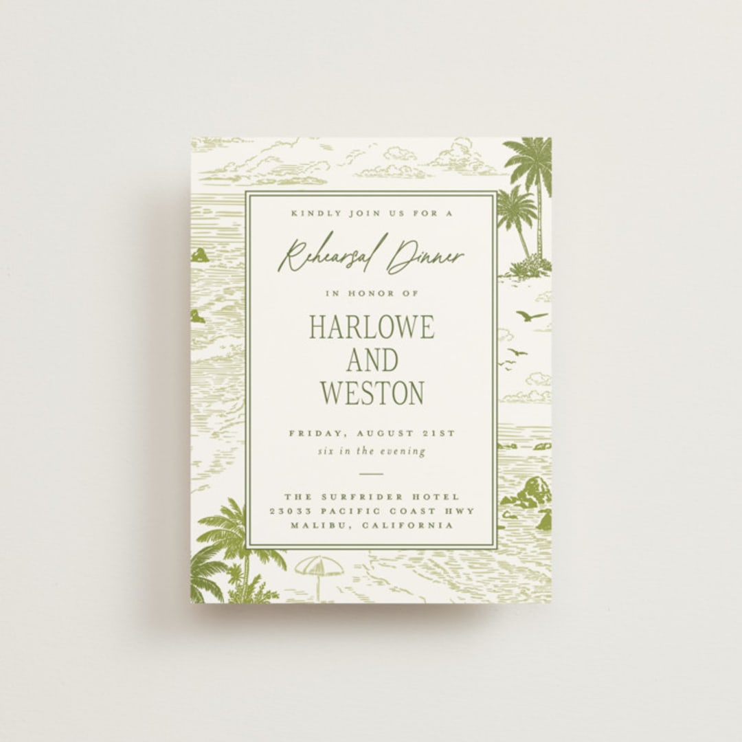 "BeachToile" - Rehearsal Dinner Cards in Palm by Jenna Holcomb - Front
