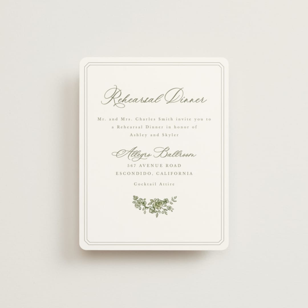"watercolor flowers crest" - Rehearsal Dinner Cards in Moss by Cass Loh - Front