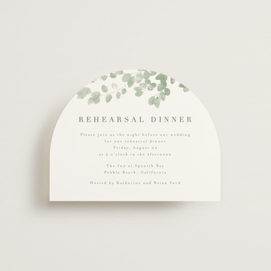 "Vining" - Rehearsal Dinner Cards in Eucalyptus by Kristie Kern - Front