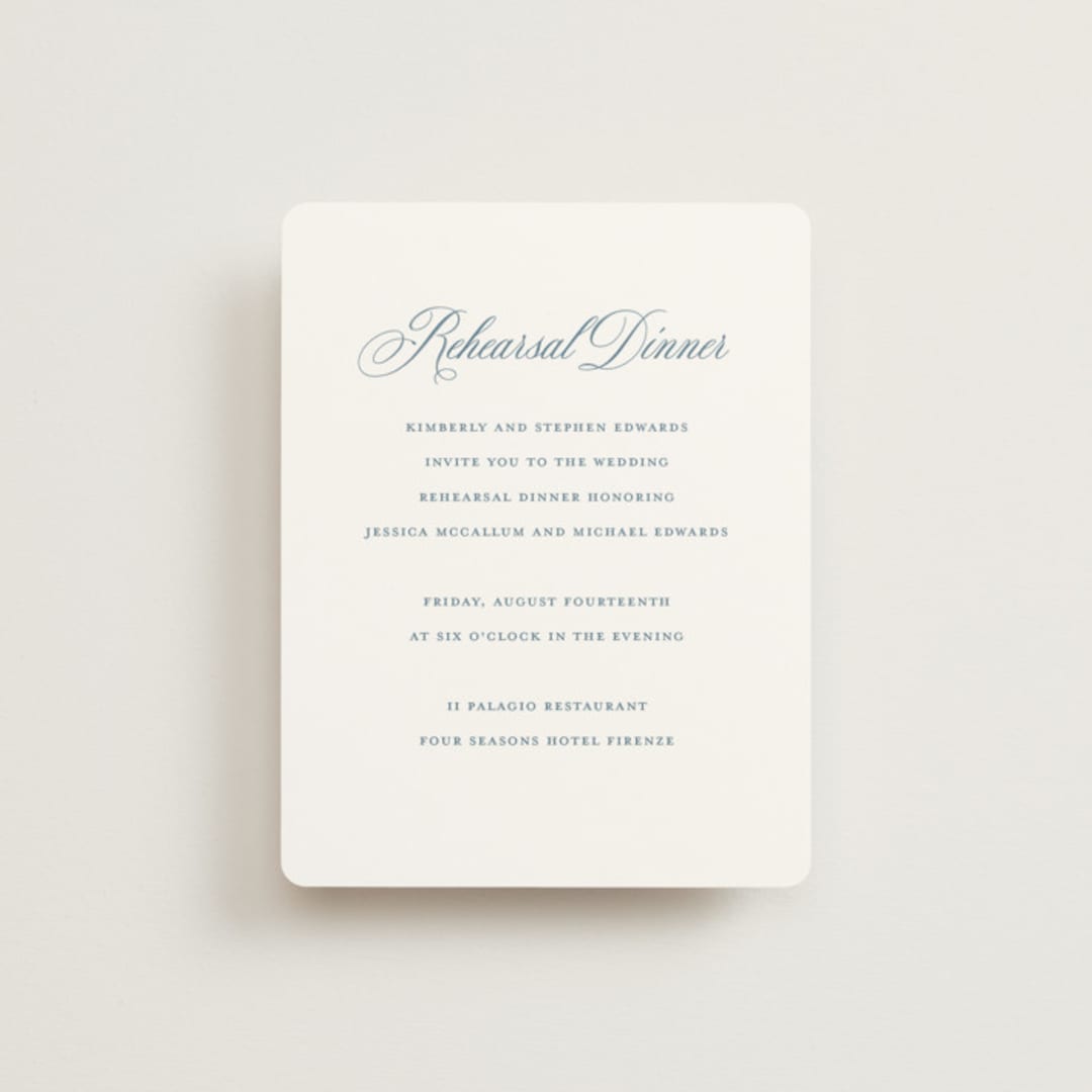 "Empire" - Rehearsal Dinner Cards in Dusty Blue by Jennifer Postorino - Front