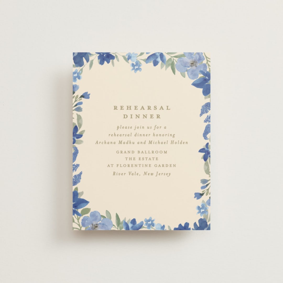 "Nilgiri" - Rehearsal Dinner Cards in Blueberry by Creo Study - Front