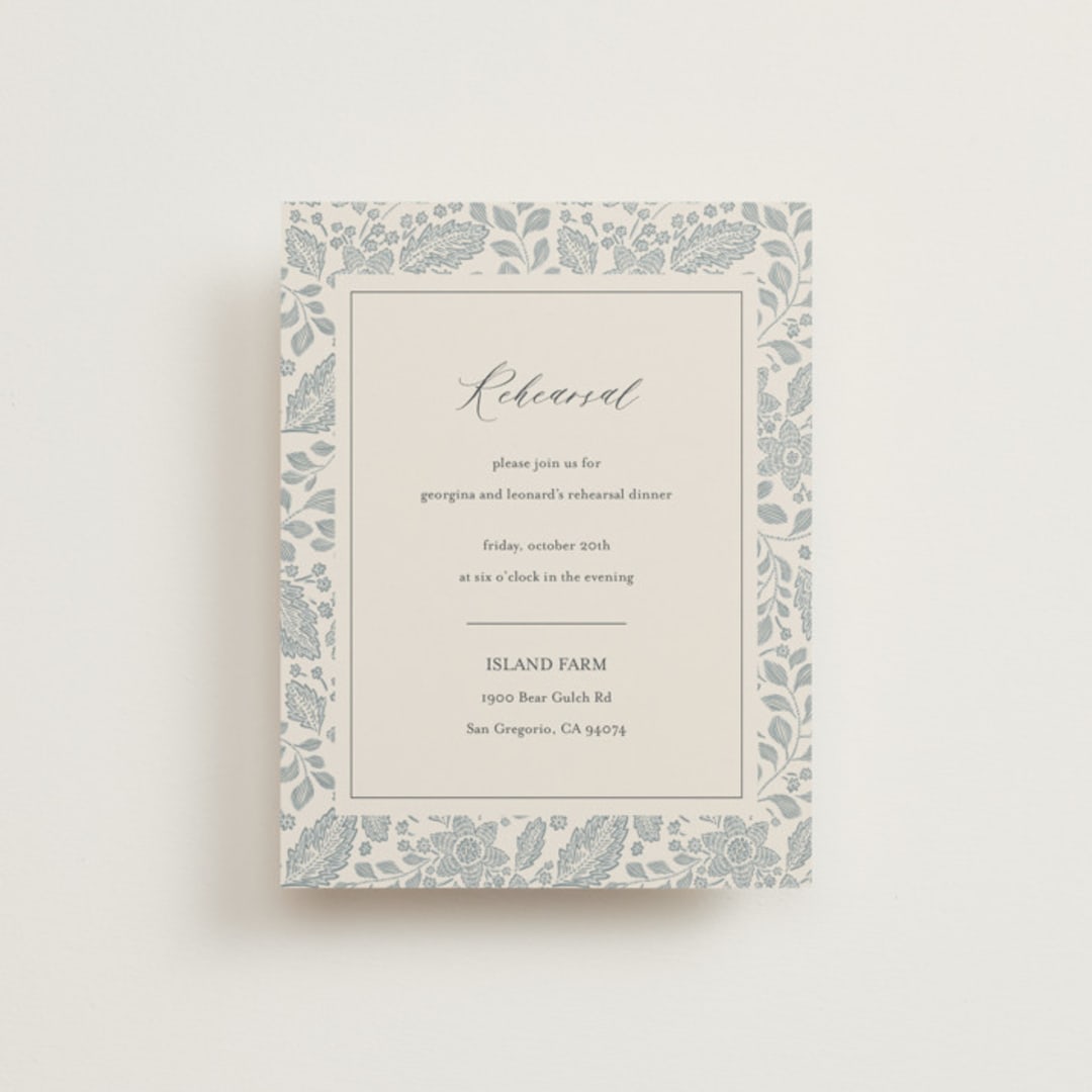 "Embroidered" - Rehearsal Dinner Cards in Dusty Blue by Jen Owens - Front