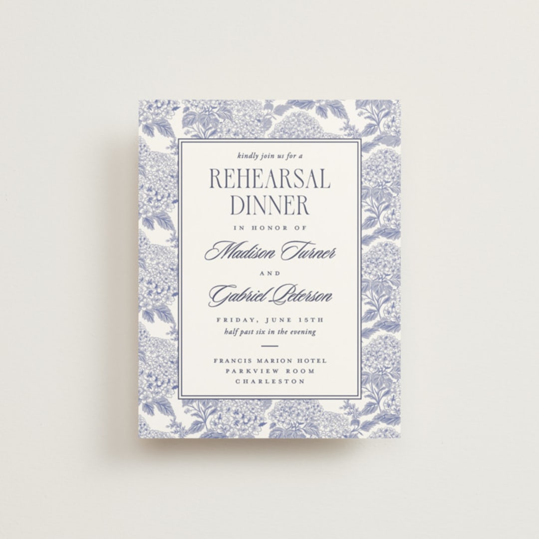 "Southern Charm Toile" - Rehearsal Dinner Cards in Periwinkle by Jenna Holcomb - Front