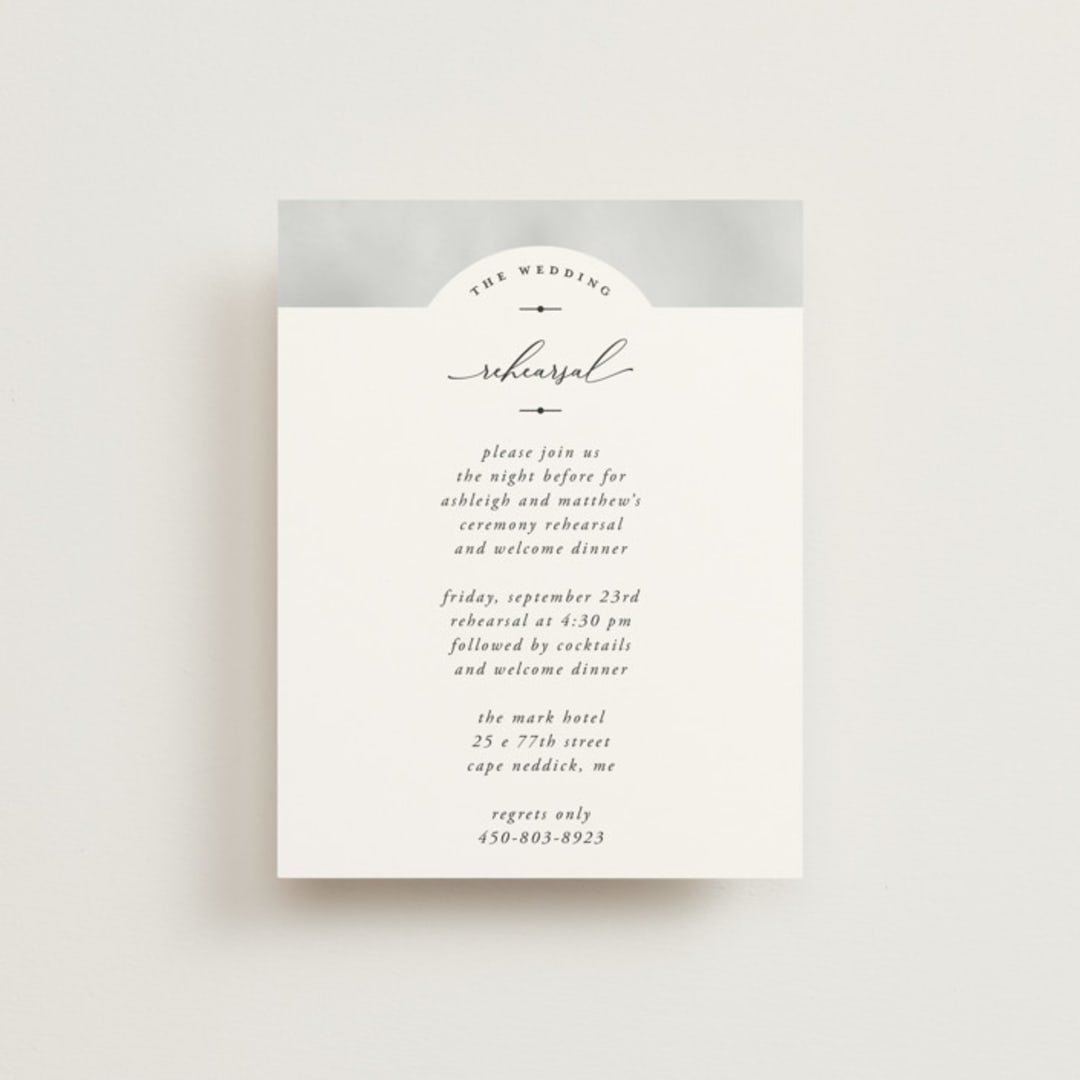 "Panoramic" - Rehearsal Dinner Cards in Cloud by Heather Schertzer - Front