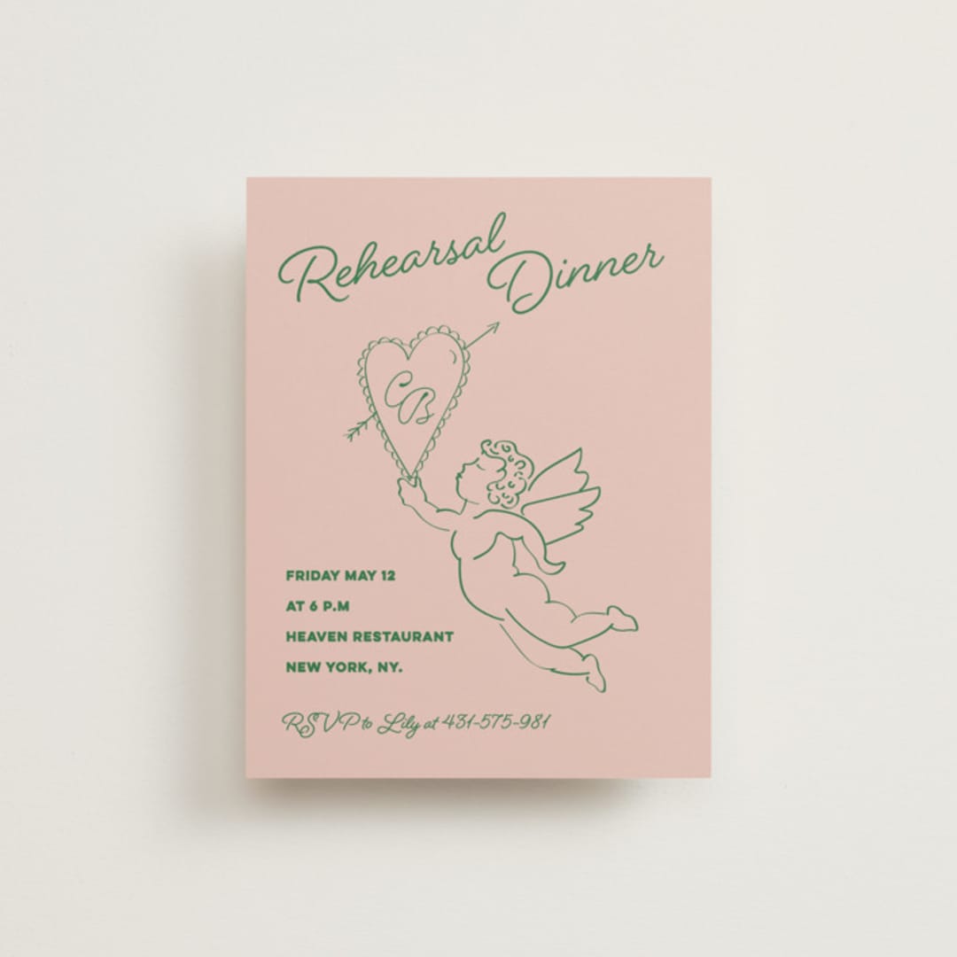 "Crazy Little Thing Called Love" - Rehearsal Dinner Cards in Avocado by Helena Vitto - Front