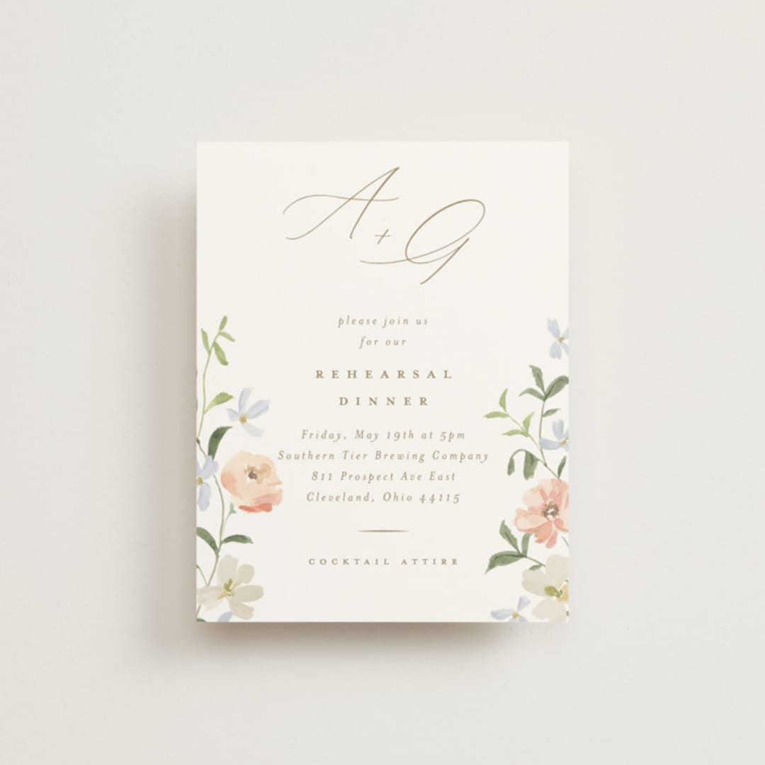 "Garden View" - Rehearsal Dinner Cards in Peach by Everett Paper Goods - Front