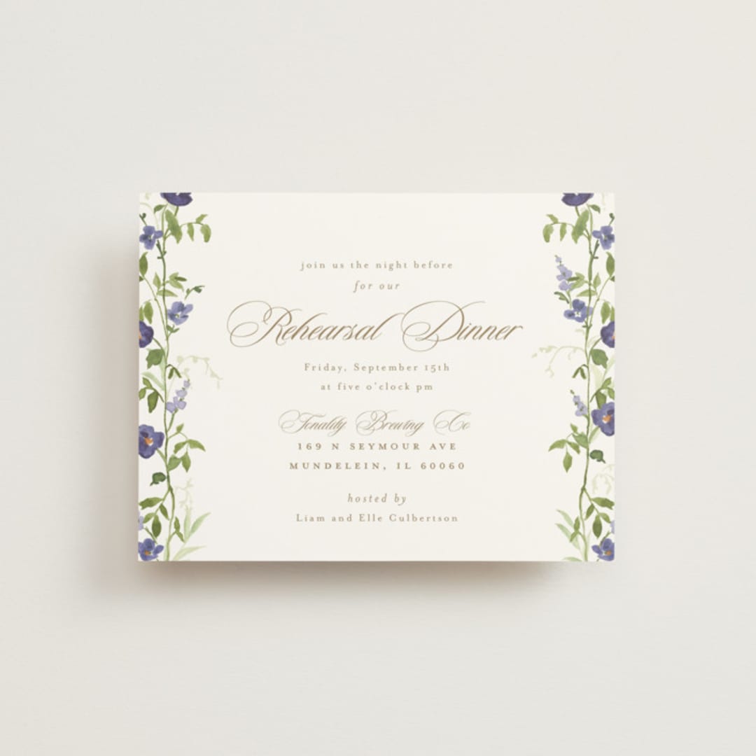 "Wildflower Trellis" - Rehearsal Dinner Cards in Iris by Everett Paper Goods - Front