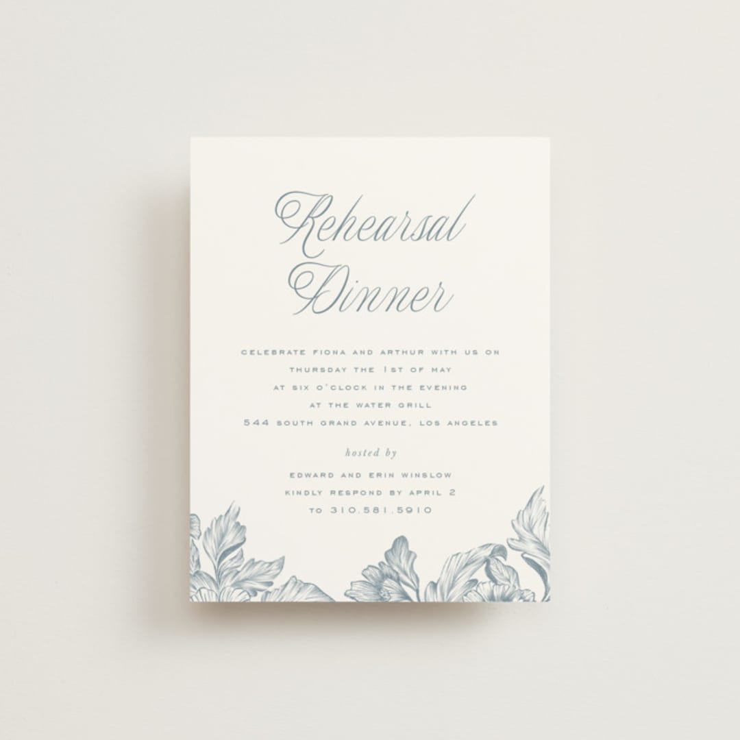 "Wreath In Bloom" - Rehearsal Dinner Cards in Lake by Leah Bisch - Front