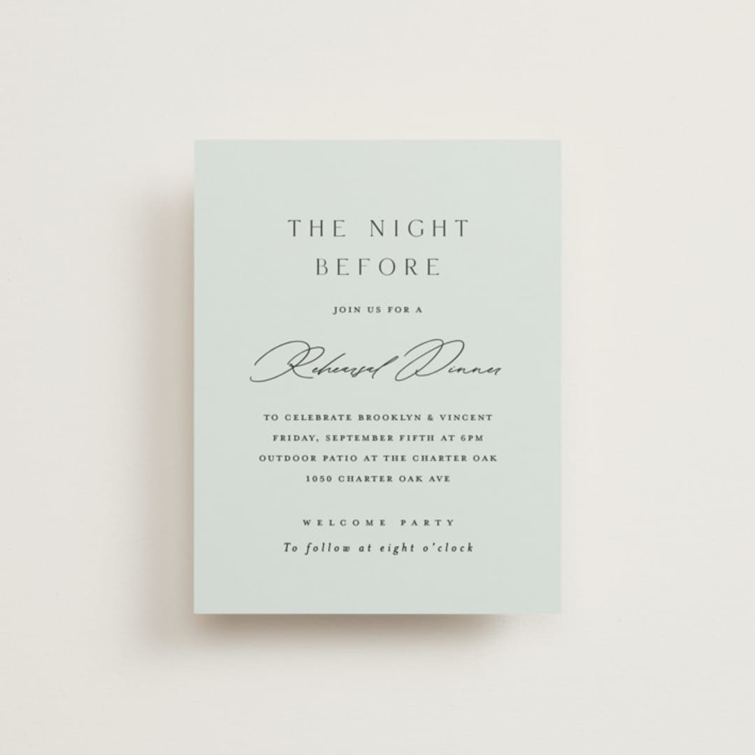 "Merryvale" - Rehearsal Dinner Cards in Sky by Kelly Schmidt - Front