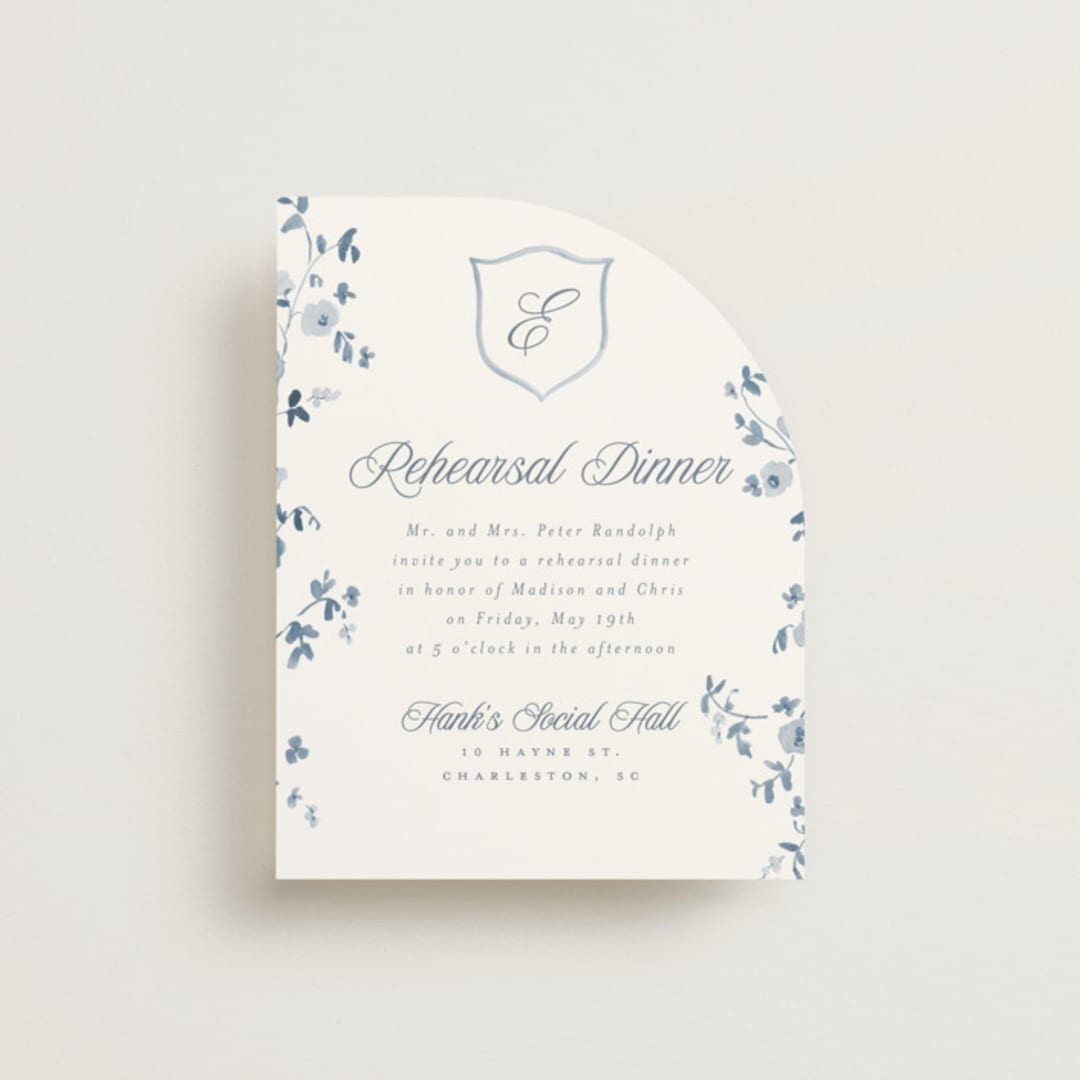 "Wildflower Corners" - Rehearsal Dinner Cards in Bluebell by Everett Paper Goods - Front