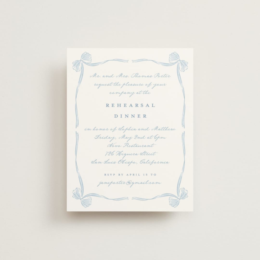 "Bow Frame" - Rehearsal Dinner Cards in Lagoon by Leah Bisch - Front