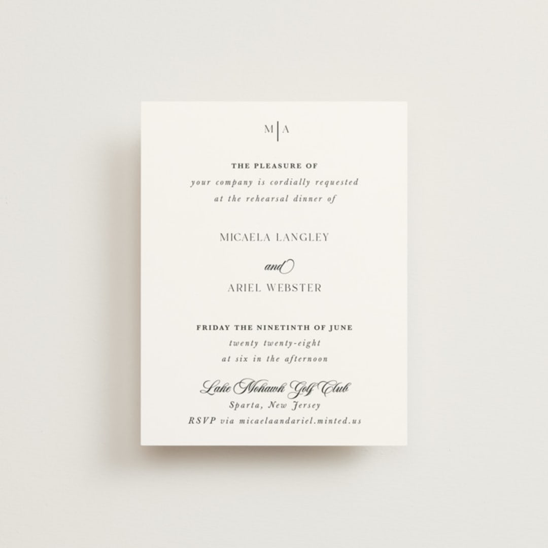 "Classic & Timeless" - Rehearsal Dinner Cards in Obsidian by Lucrecia Caporale - Front