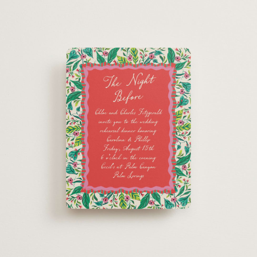 "Whimsical Hand Illustrated Crest" - Rehearsal Dinner Cards in Peony by Jackie Crawford - Front