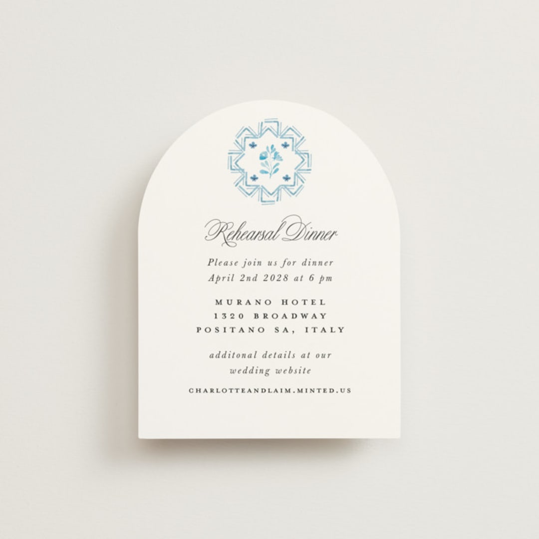 "Almafi" - Rehearsal Dinner Cards in Cerulean by Itsy Belle Studio - Front