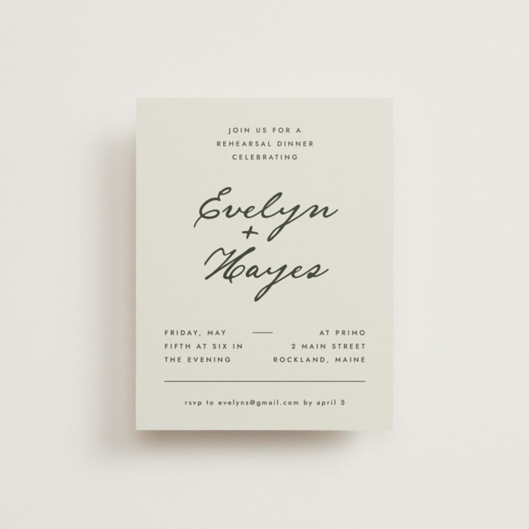 "Hayes" - Rehearsal Dinner Cards in Forest by Blustery August - Front