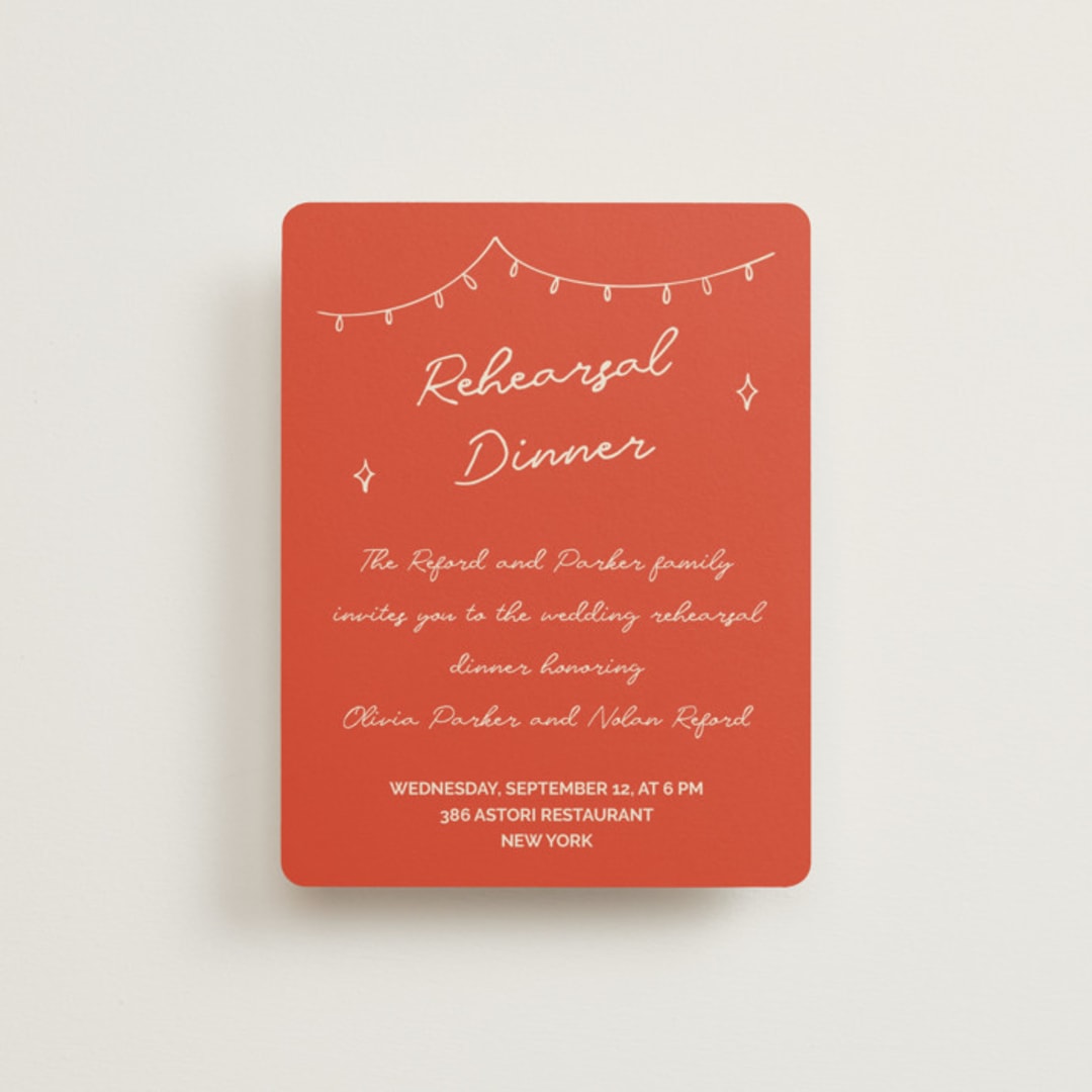 "Party On!" - Rehearsal Dinner Cards in Sangria Spark by Zove Ahhh - Front