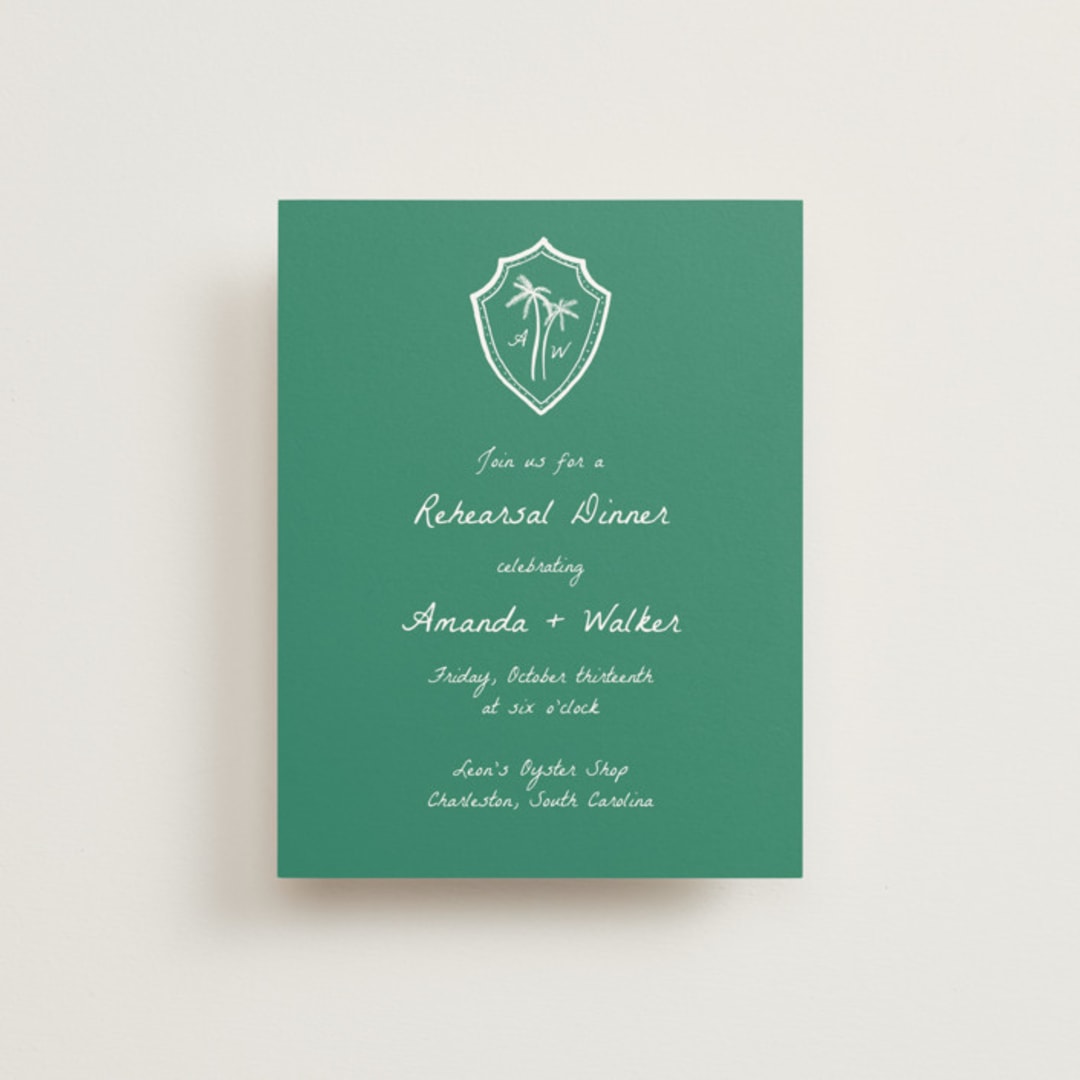 "Palm Tree Crest" - Rehearsal Dinner Cards in Palm by Erika Firm - Front