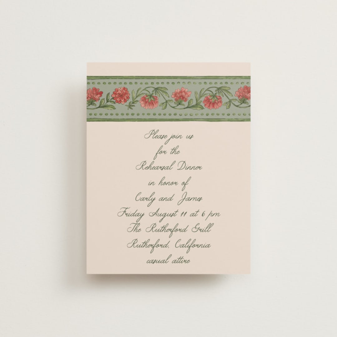 "Wedding Tapestry" - Rehearsal Dinner Cards in Coral Fern by Chris Griffith - Front